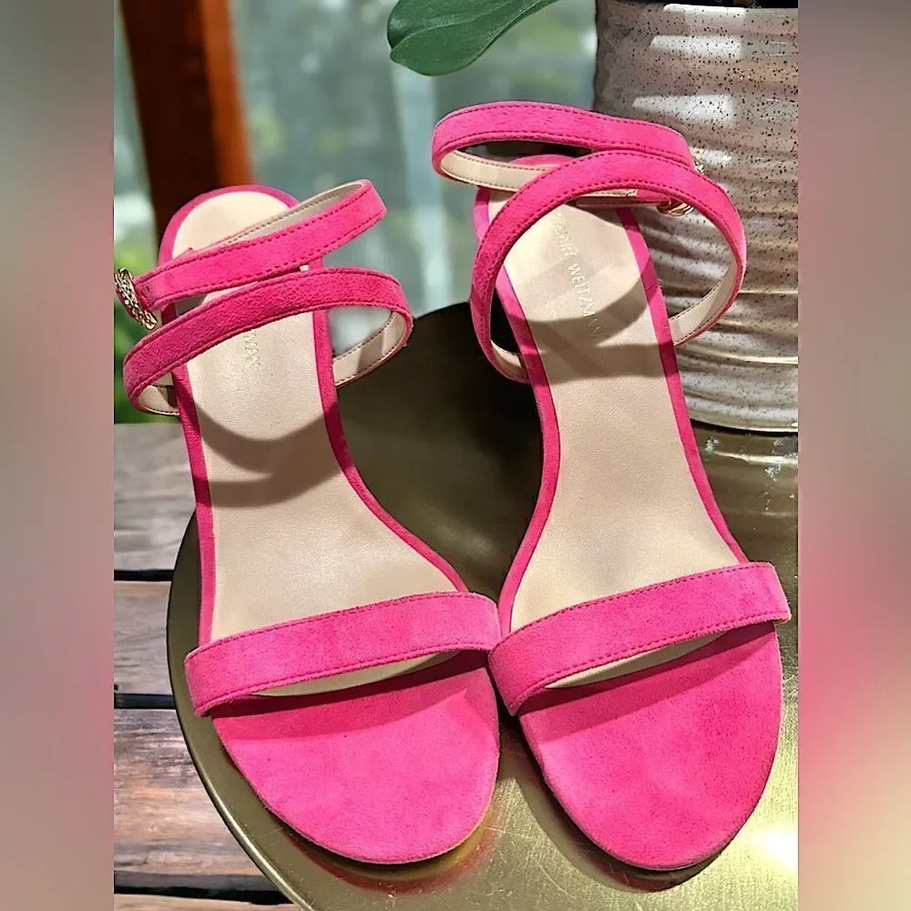Stuart Weitzman Crystal Buckle 95 Suede Sandal Heels Size 8.5